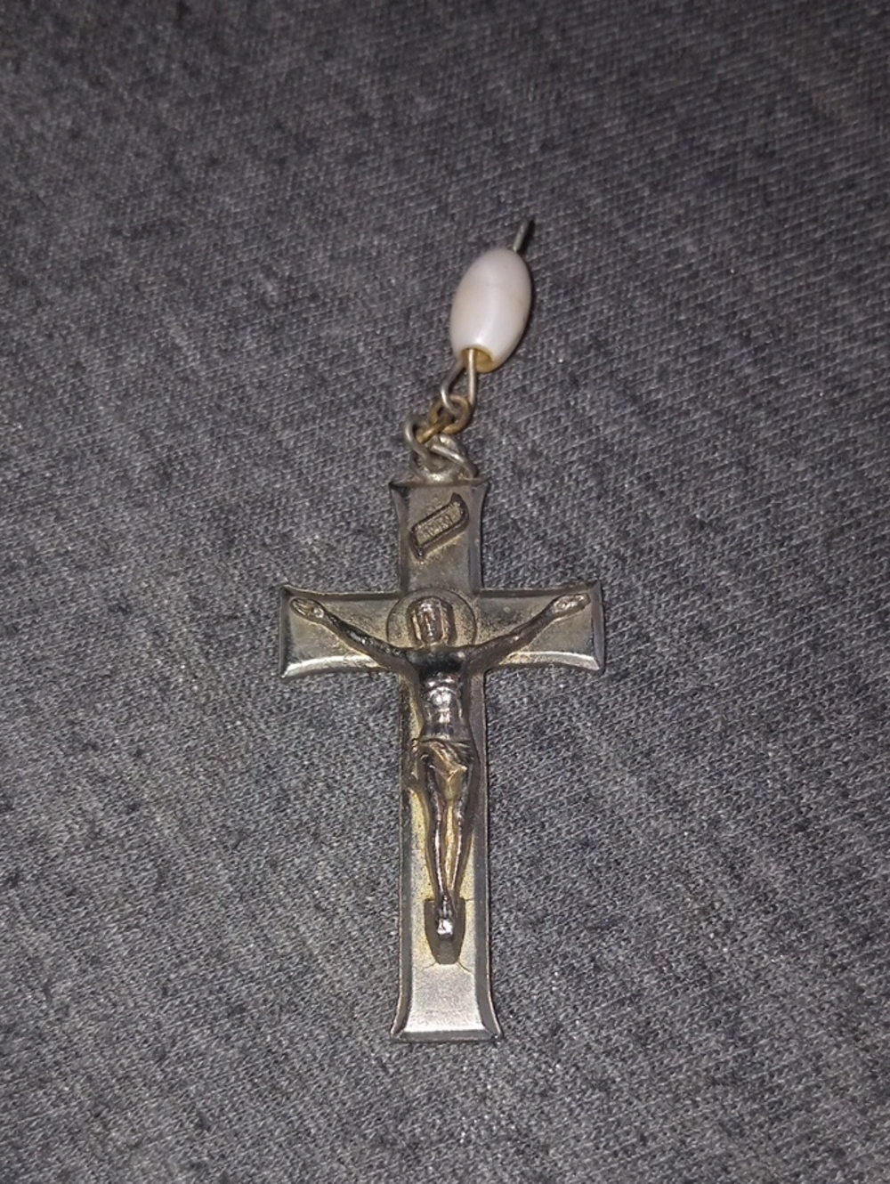 Cross Crucifix Pendant With Jesus Figure INRI silver Tone Metal Etched Vintage